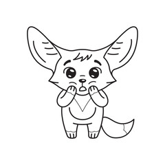 Black and white illustration of amazed fennec fox with paws on its head. Cute kawaii cartoon character. Funny emotion and face expression. Isolated on white background