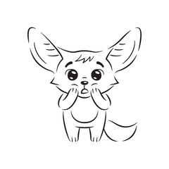 Black and white illustration of amazed fennec fox with paws on its head. Cute kawaii cartoon character. Funny emotion and face expression. Isolated on white background