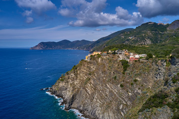 Fototapeta na wymiar Panorama view of Corniglia village one of Cinque Terre in La Spezia, Italy. Flight by a drone.