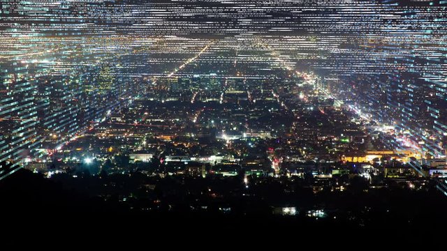 Urban City Grid at Night with digital graphic ticker tape data grid