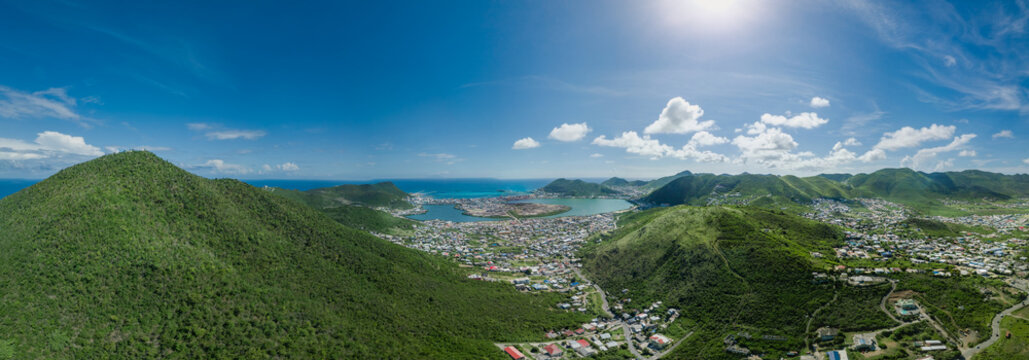 Panoramic drone view over Philipsburg in Saint Martin Sint Maarten