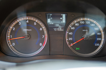 Fototapeta premium Car speedometer with mileage, mileage, gas mileage and oil temperature