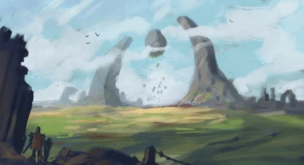 Foto auf Acrylglas epic landscape painting of two spires with floating rocks and dark foreground elements - digital fantasy painting © Dominick