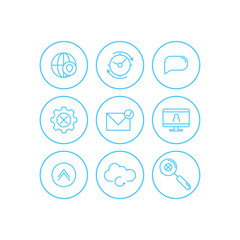 Communication icons set. Universal communication icon to use in web and mobile UI, communication basic UI elements set. cloud, clock, gear, mail, picture, web, internet, footnote, search, computer.