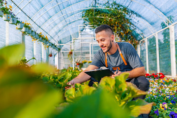 Happy male nursery worker trimming plants in greenhouse