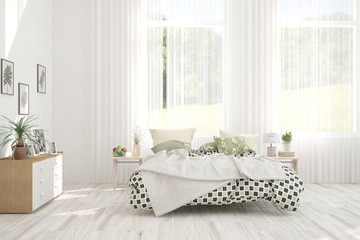Stylish bedroom in white color. Scandinavian interior design. 3D illustration