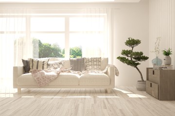 Stylish room in white color with sofa. Scandinavian interior design. 3D illustration