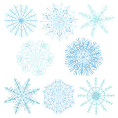 Watercolor hand painted winter frozen set with different blue snowflakes isolated on the white background, christmas snowfall element collection for postcards