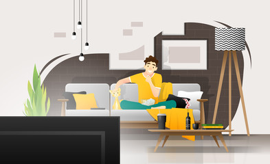 Happy young man sitting on sofa and watching television in living room, relaxing weekend at home ,vector , illustration
