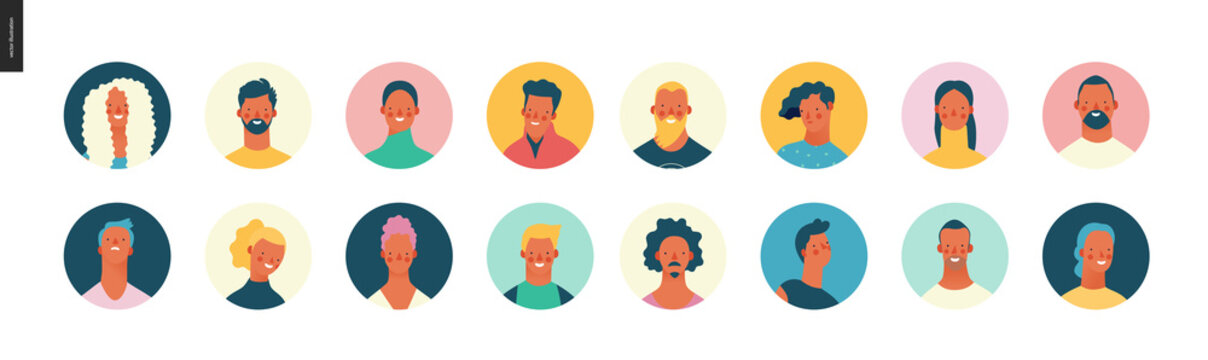 Bright people portraits set - hand drawn flat style vector design concept illustration of young men and women, male and female faces avatars. Flat style vector round icons set