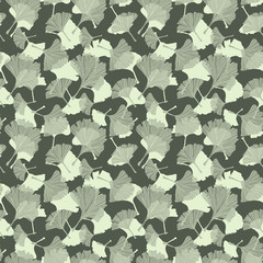 Ginkgo Biloba Botany Plant, Line art Pale Sage Colored Leaves on Ivory Background. Health Monochrome Pattern. Ayurvedic Medicine Theme. Vector Illustration for Wallpaper or Textile Design