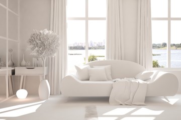 Mock up of stylish room in white color with sofa. Scandinavian interior design. 3D illustration
