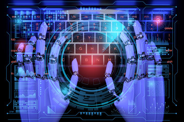 Sci fi Hologram control panel dashboard in HUD style. Robot cyborg typing on keyboard. Futuristic background. 3d illustration. Radar screen futuristic user interface.