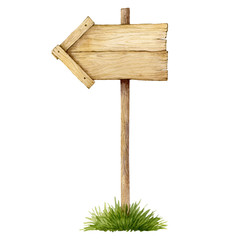 Wooden signboard and green grass isolated on white background. Watercolor handdrawn illustration. Hand made clipart.