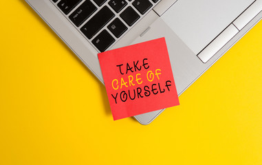 Writing note showing Take Care Of Yourself. Business concept for a polite way of ending a gettogether or conversation Metallic trendy laptop blank sticky note empty text colored background