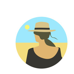 Portrait of beautiful young relaxed woman with long wavy red hair wearing large striped beach hat for sun protection and skin care during vacation traveling