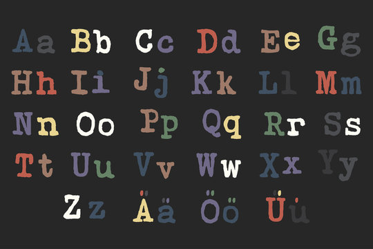 Typewriter colored latin alphabet, lettering for logos, badges, postcards, posters, prints with support of german language