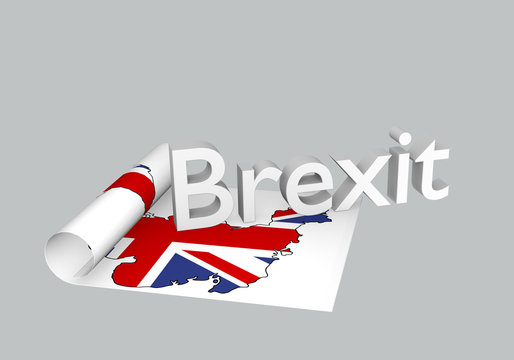 Brexit Thema, aufgerolltes Papier mit Karte von Großbritannien mit Brexit als Text. 3d rendering