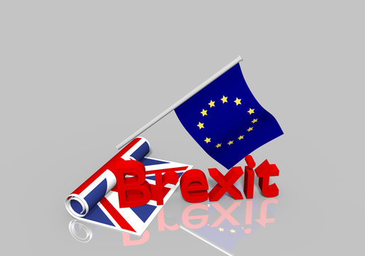 Brexit Thema, eingerollte UK Fahne mit Text. 3d rendering mit Spiegelung im Boden.