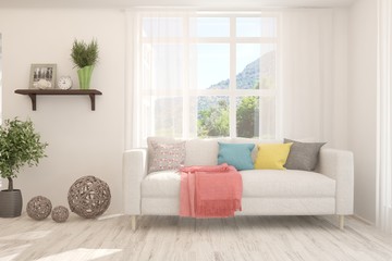 Stylish room in white color with sofa. Scandinavian interior design. 3D illustration