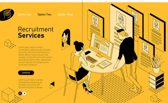 Recruiting and hiring mobile app isometric website template. Black and yellow flat design vector concept for web site and application design and presentation. Home page concept. UI design mockup.