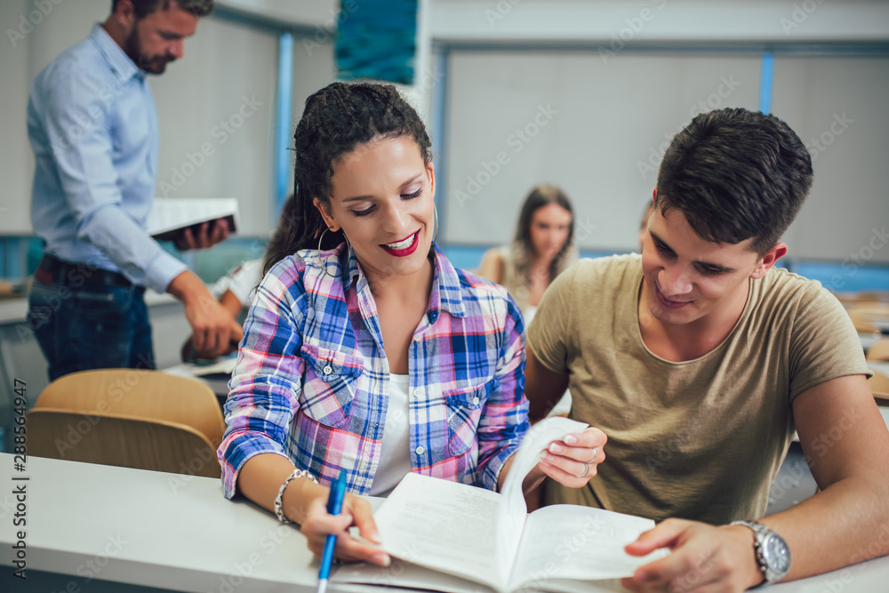 Poster smart young people study at the college in the classroom.