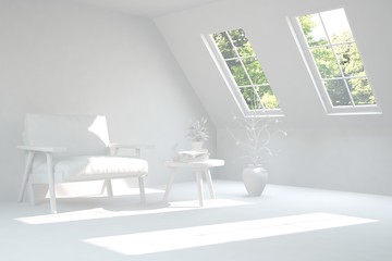 Mock up of stylish room in white color with armchair and green landscape in window. Scandinavian interior design. 3D illustration