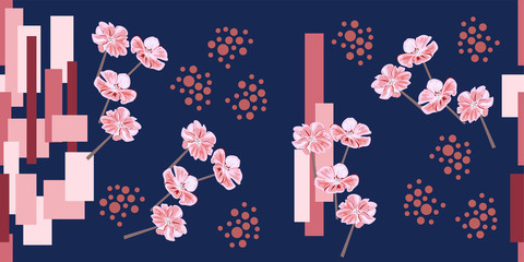 Seamless pattern with cute pink flowers and geometric shapes. Flower background for textile, cover, wallpaper, gift packaging, printing. Romantic design for calico, silk.