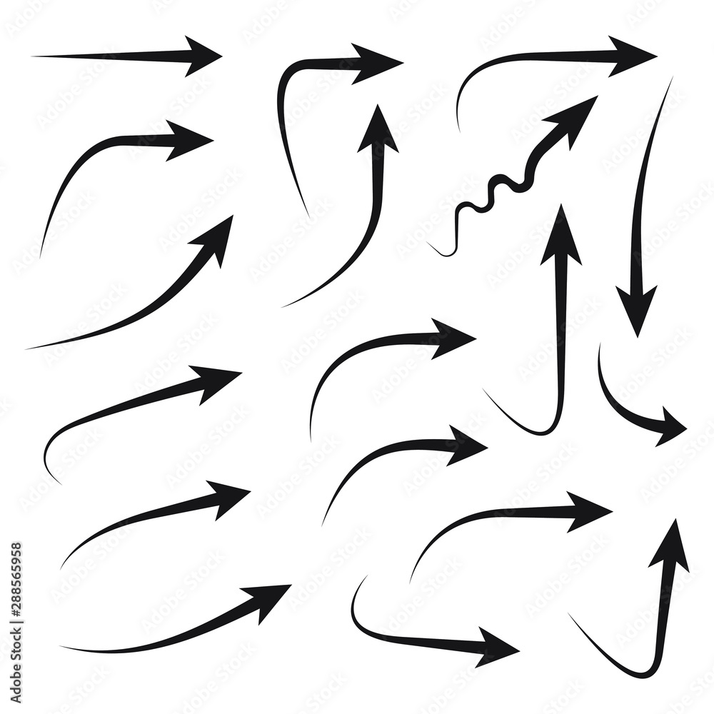 Wall mural set of vector curved arrows hand drawn. collection of pointers.