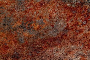 Rusty metal texture. Brown, red, orange and gray colours of rust. Rough surface. Background for text or design