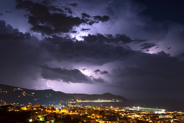 Lightning and thunderstorm on the Tigullio Gulf - Ligurian sea - Chiavari - Italy.