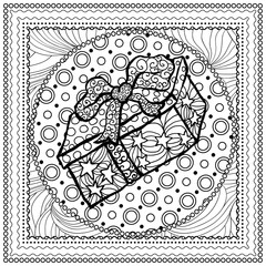 Black vector mono color illustration for Merry Christmas and Happy New Year 2016 print design. Coloring book page design for adults or kids. Vector template.Ornamental border and frame