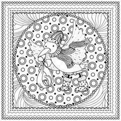 Black vector mono color illustration for Merry Christmas and Happy New Year 2016 print design. Coloring book page design for adults or kids. Vector template.Ornamental border and frame