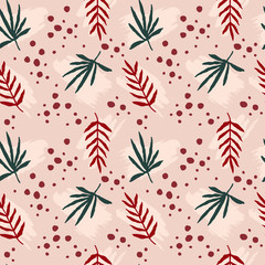 Seamless pattern. Trendy wallpaper with different shapes of brush strokes and tropical floral elements in warm colours.  Brown, beige, terracotta, pastel, cream. Modern textile, branding, packaging.