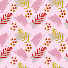 Abstract seamless pattern with brush strokes, floral elements, leopard spots in pink, orange, grey, yellow, terracotta colours. Trendy modern textile, branding, packaging, wrapping paper.