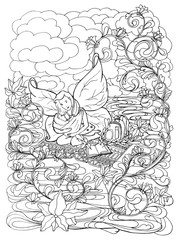 Adult coloring book page with Mother breast feeding her baby, infant .Mom nursing baby in zentangle style art.Black and white