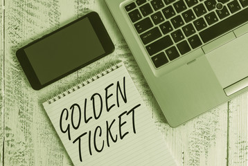 Handwriting text Golden Ticket. Conceptual photo Rain Check Access VIP Passport Box Office Seat...