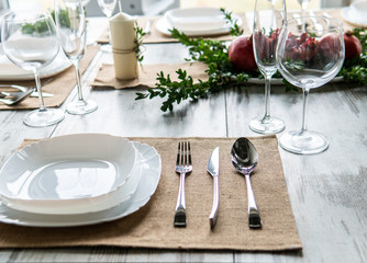 Beautiful table setting with lavender flowers on wooden background