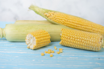 Corn cob with green leaves lies on table blue color background.