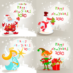 Santa Claus with frends, four Greeting cards.