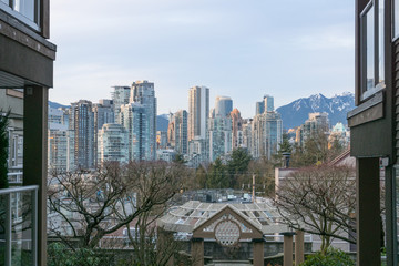 sunset view over skyline Vancouver downtown with the mountains of north Vancouver in the background