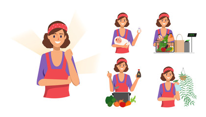 Woman in housewife character and mother. Maid house routine.