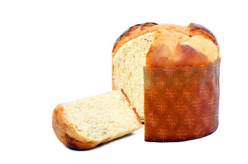 panettone, typical Brazilian sweet bread served as a dessert for Christmas and New Year celebrations. Mockup panettone for advertising use, isolated white background.