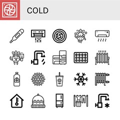 Set of cold icons such as Fan, Thermometer, Air conditioner, Atmosphere, Cool, Popsicle, Hot water, Refrigerator, Beer box, Heat, Juice, Snowflake, Soda, Heater, Temperature , cold