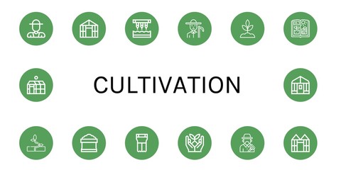 Set of cultivation icons such as Farmer, Greenhouse, Seeder, Sprout, Agriculture, Potting soil, Planter , cultivation