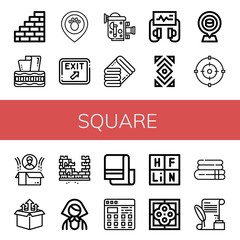 Set of square icons such as Wall, Tissue box, Placeholder, Exit, Old video camera, Towels, Defibrillator, Abstract, Focus, Box, Brick, Russian, Towel, Tiles, Periodic table , square