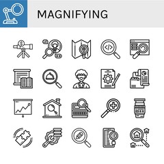 Set of magnifying icons such as Magnifying glass, Analysis, Search, Searching, Studying, Researcher, Job, Lens, Research, Optimization , magnifying