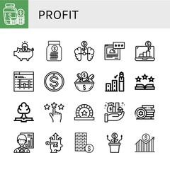 Set of profit icons such as Money jar, Piggy bank, Savings, Growth, Rating, Bar graph, Budget, Coin, Forecast, Rate, Token, Assets, Tokens, Analyst, Investment , profit
