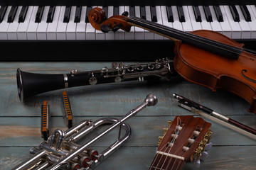 musical instruments in wooden background