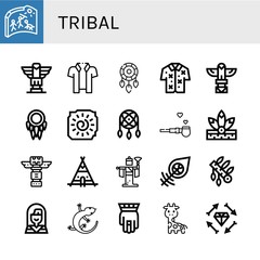 Set of tribal icons such as Cave painting, Totem, Hawaiian, Dreamcatcher, Pipe of peace, Native american, Teepee, Kabuki, Headdress, Lizard, Hamsa, Giraffe, Boho , tribal
